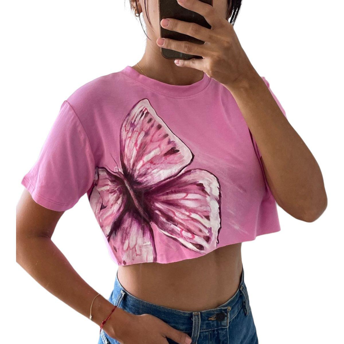 Crop Top Rosado Pintado a Mano - Pieza Única