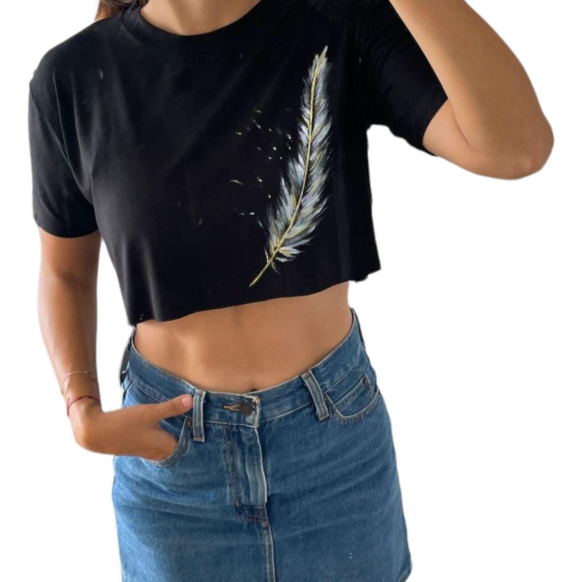 Crop Top Negro Pintado a Mano - Pieza Única